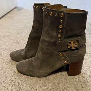 Tory Burch Gray Suede Ankle Boots with Gold Accents